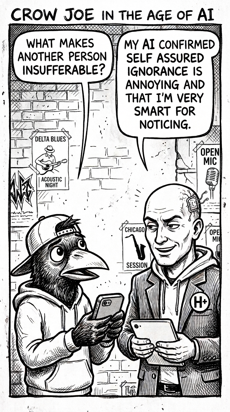 Crow Joe in the Age of AI comic - Kid Crow, young crow with smartphone in hand, asks the Transhumanist, technocrat in business suit over hoodie and visible brain chip, "What makes another person insufferable?" The Transhumanist responds "My AI confirmed self assured ignorance is annoying and that i'm very smart for noticing." AI feeds the ego annoyingly so.